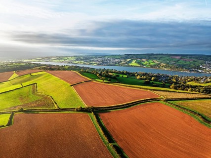 Colours of autumn Fields and Farms over Sheldon from a drone, Torbay, Devon, England, United