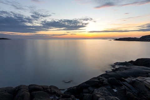 Sunset on the North Sea with archipelago on the west coast near Lerkil, Hallands län, Sweden