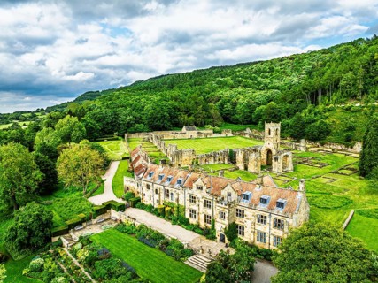 Mount Grace Priory, House and Gardens from a drone, East Harlsey, North Yorkshire, England, United