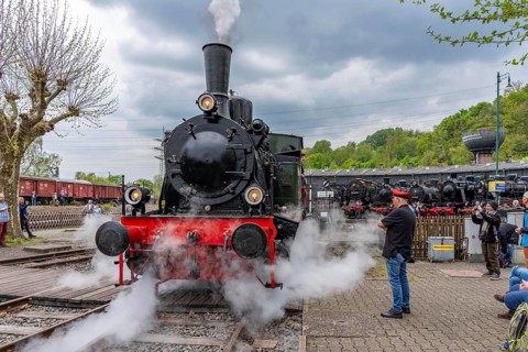 Three-axle steam locomotive Lower Saxony visiting the Bochum Railway Museum, museum days weekend,