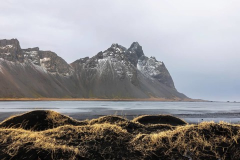Sand dunes covered with rotten grass, lava sandy beach against mountain backdrop, winter,