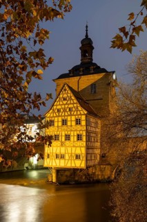 The old town hall on the river Regnitz, Blue Hour, Bamberg, Upper Franconia, Bavaria, Germany
