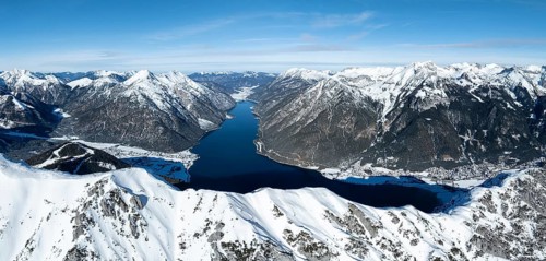 Aerial view, epic view of mountain landscape with snow in winter, summit of Bärenkopf, Achensee,