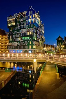 ZAANDAM, NETHERLANDS, MAY 8, 2017: Inntel Hotel in Zaandam illuminated at night. Design of