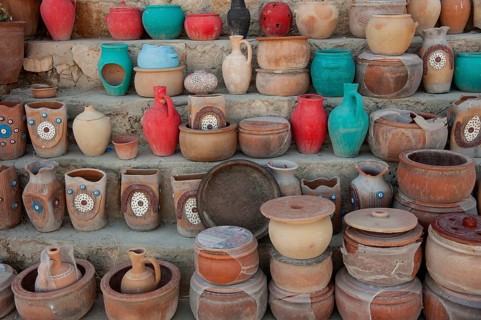 Traditional Anatolian clay pottery for sale as tourist souvenirs at a local shop in Cappadocia,