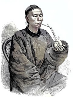 Smoking Chinese businessman in Tien Tsin, China, coloured wood engraving, reproduction of an