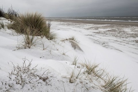 Snow-covered dunes on the North Sea, Langeoog, Lower Saxony, Germany