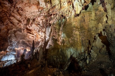 Stalactites and stalagmites, rock formations in a stalactite cave, Grotta del Fico, Gulf of Orosei,