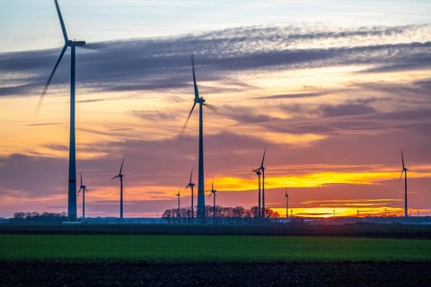 Sunset at Issum wind farm, Lower Rhine, North Rhine-Westphalia, Germany