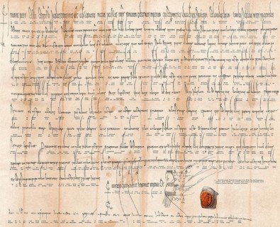 Facsimile of a certificate by Charlemagne, May 9th, 813, the woods of Buchonia is given back to