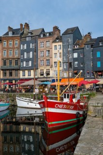 Honfleur, Normandy, France - Boats on the Quai Sainte-Catherine in the old harbour, Vieux Bassin,
