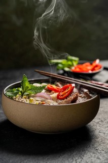 Freshly prepared Vietnamese Beef Pho Noodle Soup (Pho Bo) in a ceramic bowl, showing steam rising