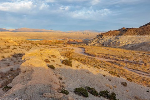 Echo wash drains into the Overton Arm of Lake Mead at Echo Bay, Nevada, USA