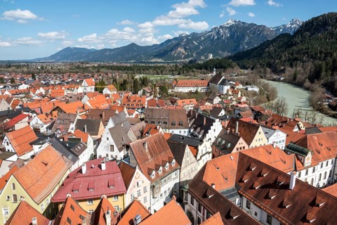 View of the old town of Füssen from the Hohes Schloss, right Lech, Ostallgäu, Allgäu, Bavaria,