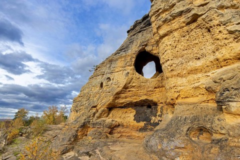 Klusfelsen, sandstone rock formation in Goslar near Halberstadt on the edge of the Harz Mountains,