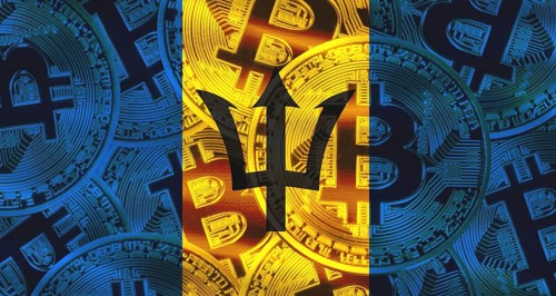 Bitcoin coins on Barbados flag background. Golden bitcoin coins on Barbados flag background