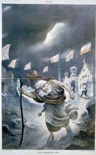The Eternal Jew, ca. 1901: An old, barefoot, bearded Jewish man is driven out of buildings with