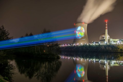 Protest action broadcast by the anti-nuclear organization, projection, night view, 05-03-2026,