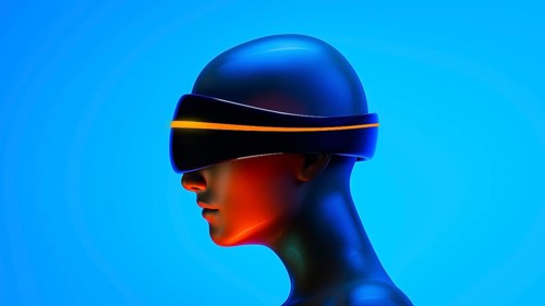 A humanoid wearing virtual goggles experiences an augmented world filled with artificial