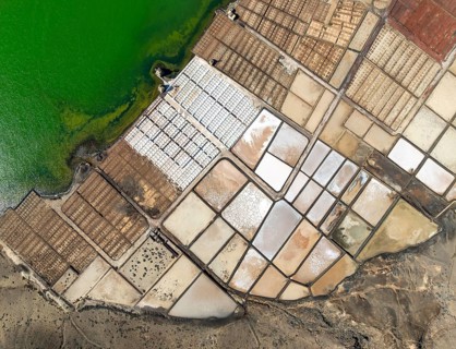 Salt mining plant, Salinas de Janubio, top-down, near Yaiza, drone shot, Lanzarote, Canary Islands,