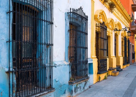 Mexico, Monterrey, colorful historic buildings in the center of the old city, Barrio Antiguo, a