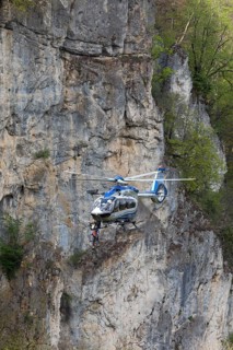 Police rescue operation. Helicopter in action at the slide rock near Bad Urach, Reutlingen