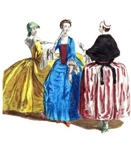 Historical clothing, fashion over time, clothing of English ladies in the years 1735 (a) 1745 (b)