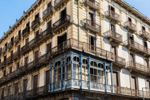 Art nouveau balcony on a house façade in the El Born district of Barcelona