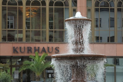 Fountain in front of the spa hotel, inscription, water features, Bad Homburg, Taunus, Hesse,