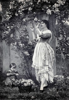 Blooming climbing rose, a woman cutting flowers, her child playing with a flower, 1896, authentic,