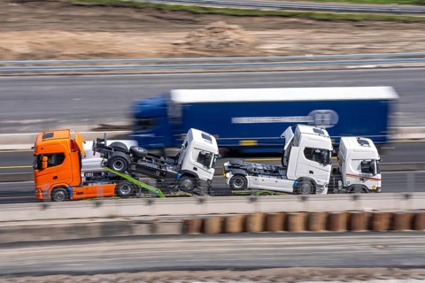 Car transporters, vehicles are being transported, A3 motorway, truck tractors
