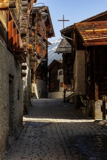 Old Farmhouses in Rue du Village, Historic Town Center, Grimentz, Val d'Anniviers, Valais Alps,