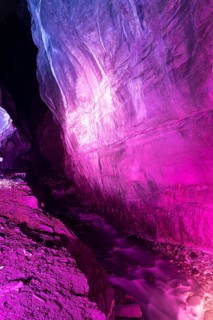 The Tamina Gorge and the Tamina River illuminated in colour at night, Altes Bad Pfäfers, St.