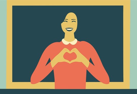 A minimalist illustration of a smiling woman in a peach-colored top forming a heart shape with her