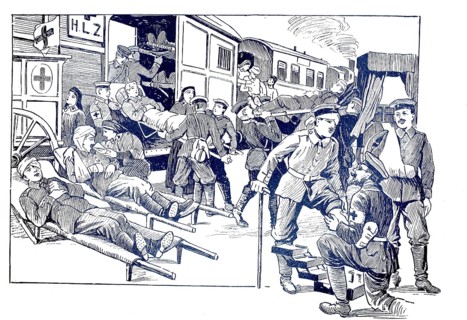 First World War, hospital procession back to home Germany, wounded soldiers are invited, 1916,