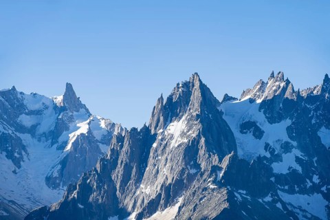 View of spectacular rocky pointed mountain peaks, Mont Blanc Massif, Aiguilles Rouges,