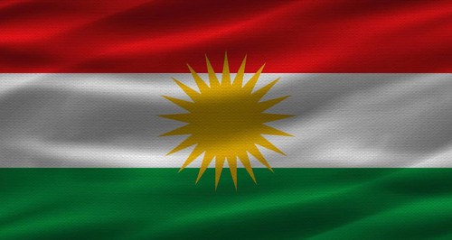 Kurdish flag with fabric texture. Realistic flag of Kurdistan waving