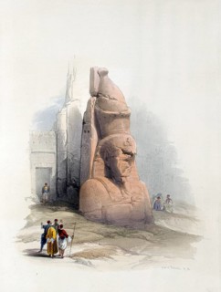 One of two colossal statues of Ramses II, entrance to the temple in Luxor, Egypt, around 1850,