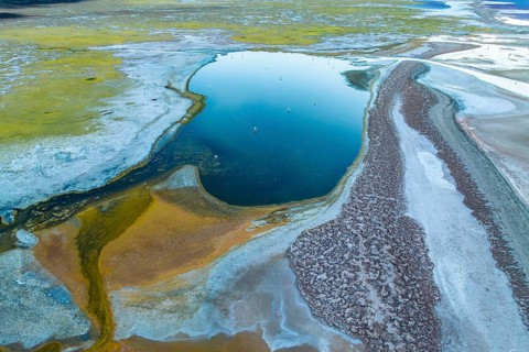 From above, the Carachipampa Lagoon in Catamarca, Argentina, reveals its stunning geomorphic