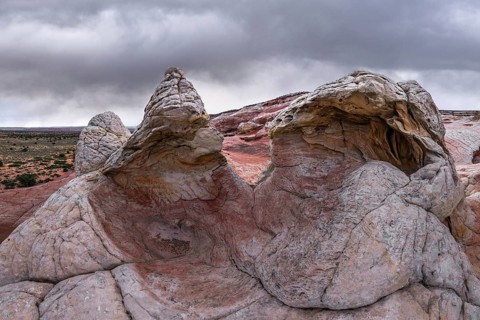 Unique sandstone formations in White Pocket, Arizona, showcasing intricate textures and patterns