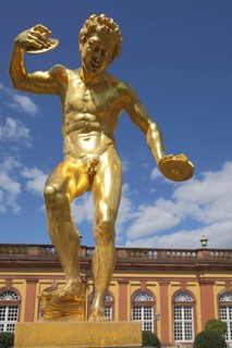 Golden Satyr Zimbelspieler, statue in the baroque palace garden, orangery, castle, Weilburg,