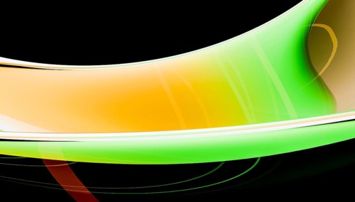 A vivid abstract wave illustration featuring gradient curves in green and orange hues on a black