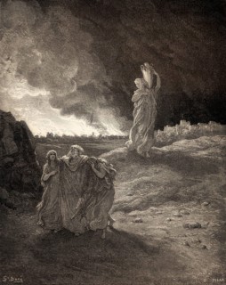 Lot and his family fleeing from burning Sodom and Gomorrah, Old Testament, woodcut by Gustave Doré