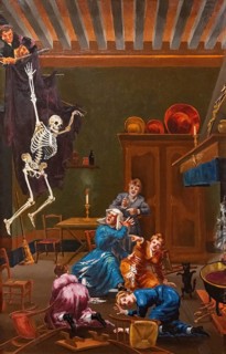 Trick a witch, Playing a trick on a witch, painting by Jean-Baptiste Cariven (1843 to 1904, French