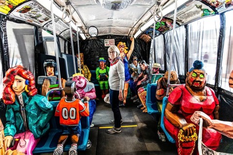 Sculpture The Bus by artist Red Grooms, depicting hectic city life with various passengers, FENIX,