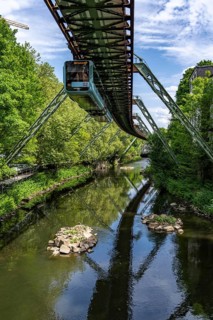 The Wuppertal suspension railway, train of the latest generation 15, floats above the Wupper, North