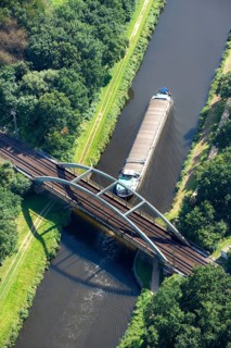 Barge, Elbe Lübeck Canal, Schleswig-Holstein, transport route, shipping, logistics, bridge, railway