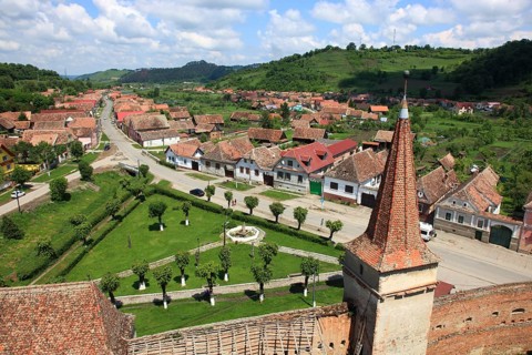 Romania, view of the village from the tower of the fortified church of Mosna, German Meschen or