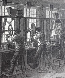 Worker in a glass factory around 1850, cutting wine glasses, France, digitally enhanced