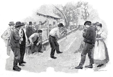 At the bowling alley, people bowling, 1896, Berlin, Germany, illustration, reproduction from a